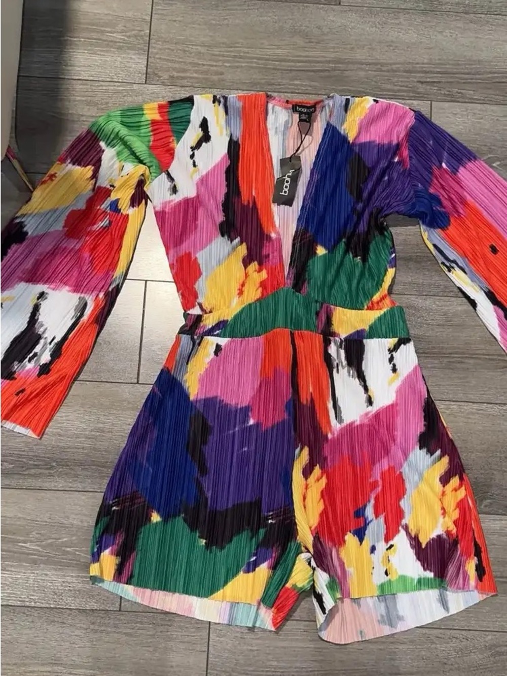 Boohoo Multicolor Pleated V-Neck Romper - Purple, Pink, Green, Yellow, Red, Blue